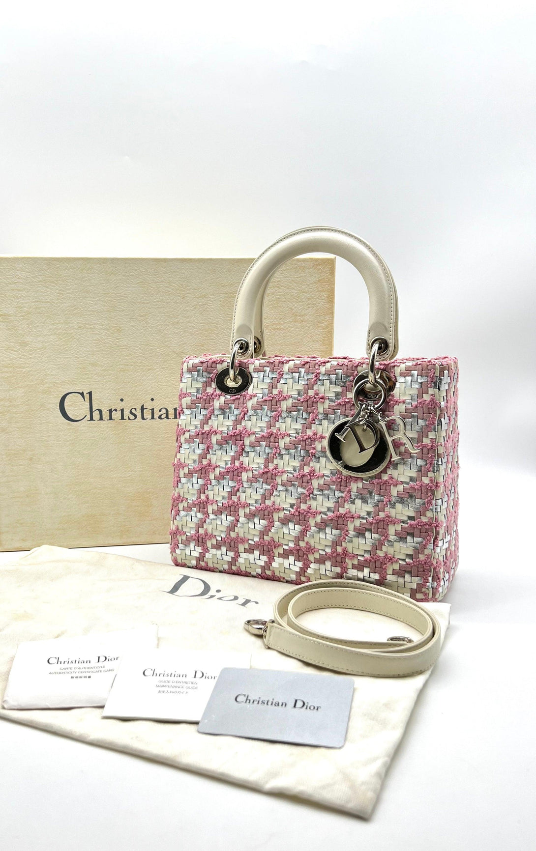 CHRISTIAN DIOR Lady Dior Handbag Woven Leather with Tweed Medium - Reeluxs 