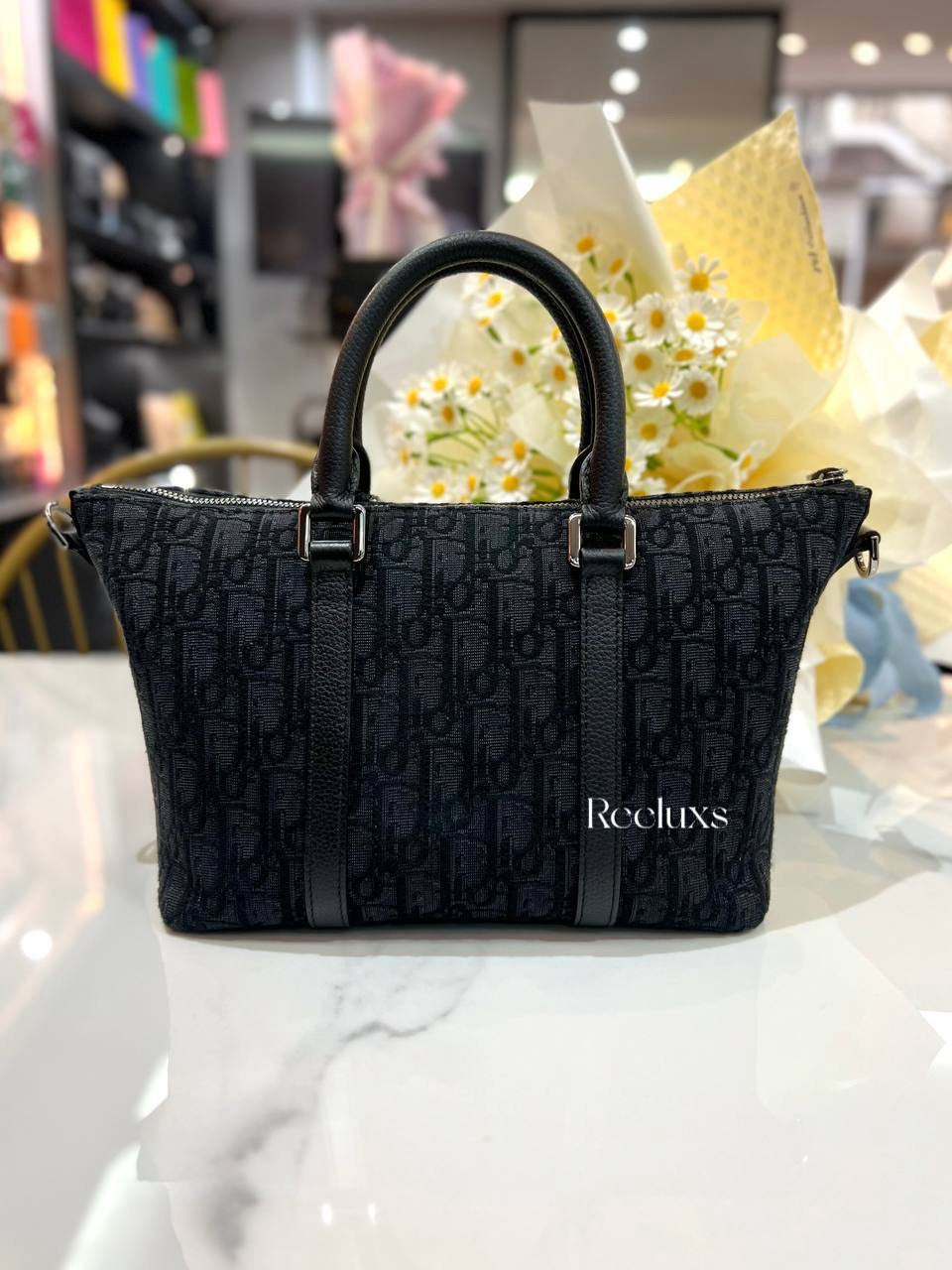 FULL SET  2024 DIOR Weekender 25 Black Dior Qblique Jacquard And Black Grained Calfskin Hand Bag / Shoulder Bag