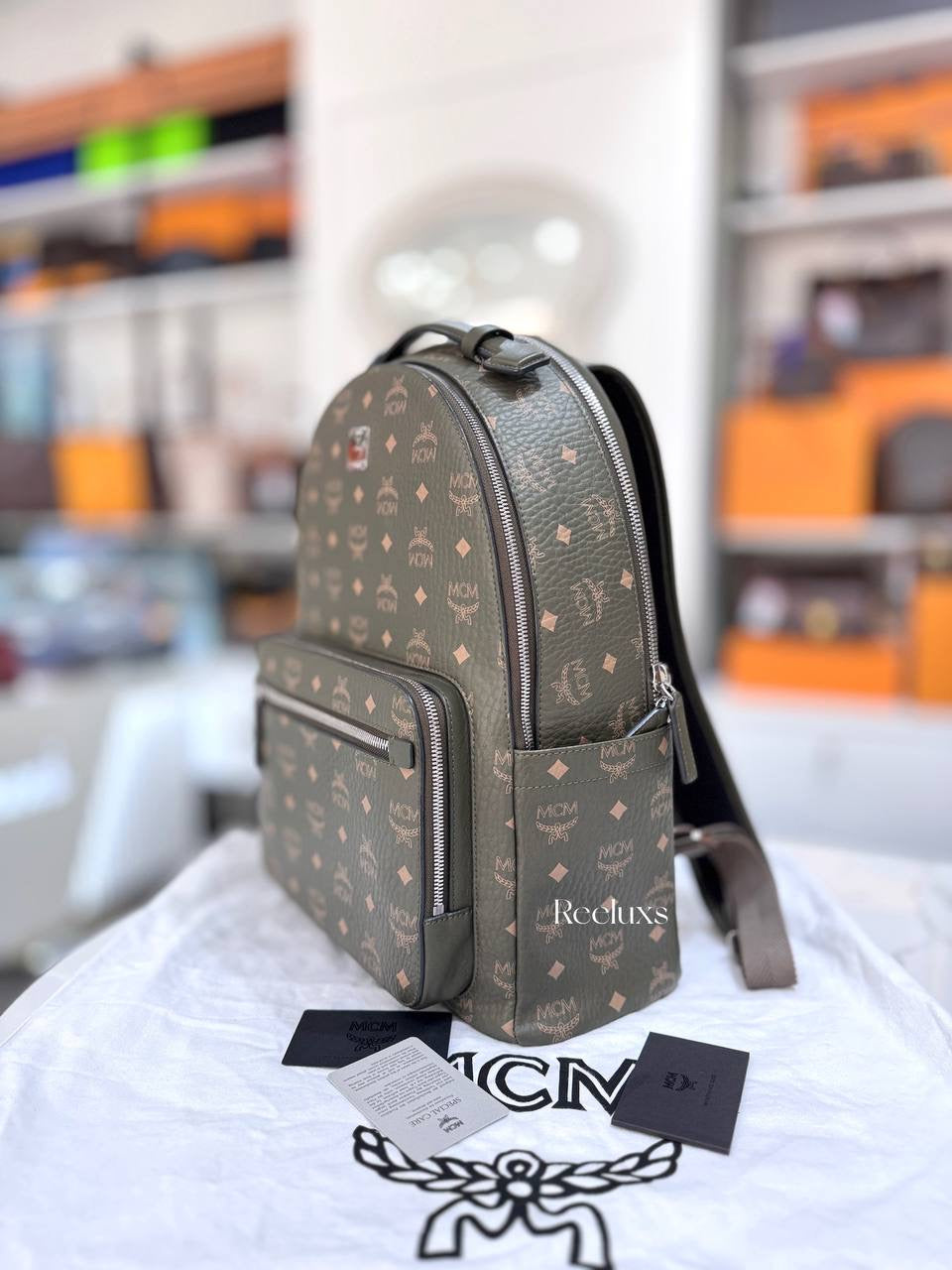 MCM Stark Visetos Backpack In Moss Green Color