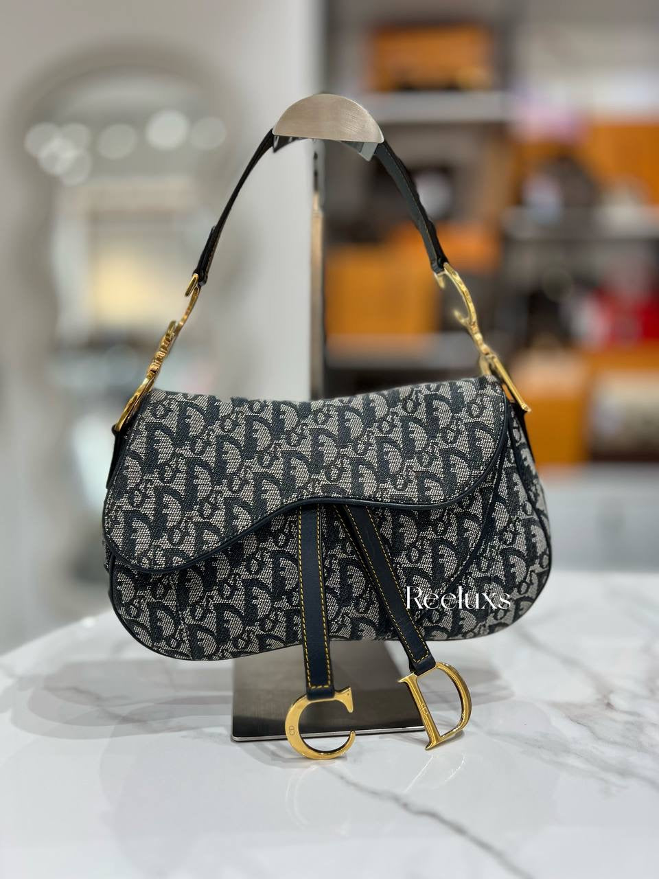 CHRISTIAN DIOR Double Saddle Bag Navy Oblique In GHW