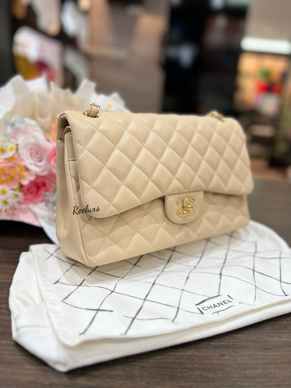 CHANEL Beige Colour Classic Flap Jumbo In Lambskin With Gold Hardware Women's Shoulder Bag