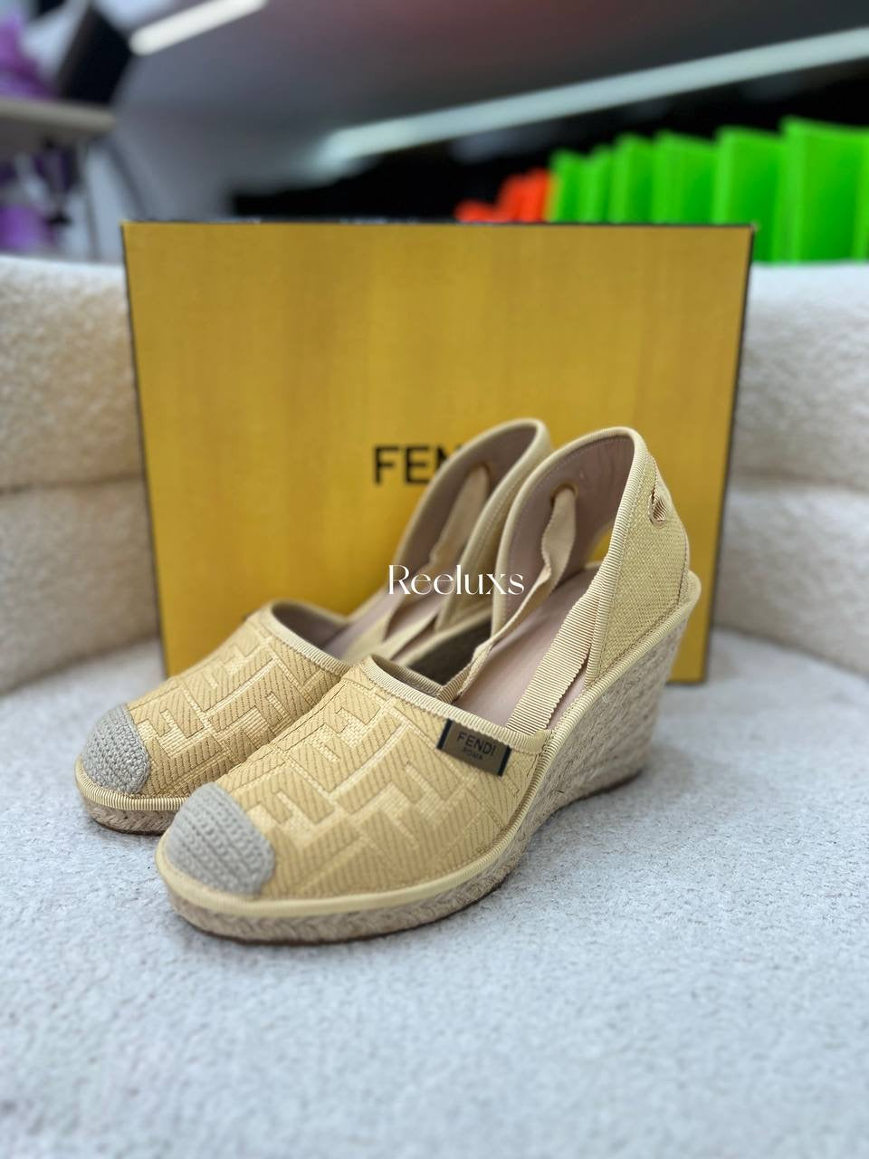 Full Set FENDI Yellow FF Logo Embroidered Fabric Ankle Wrap Espadrille  Flats