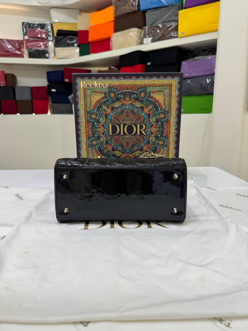LADY DIOR Medium Bag In Black Patent Cannage Calfskin