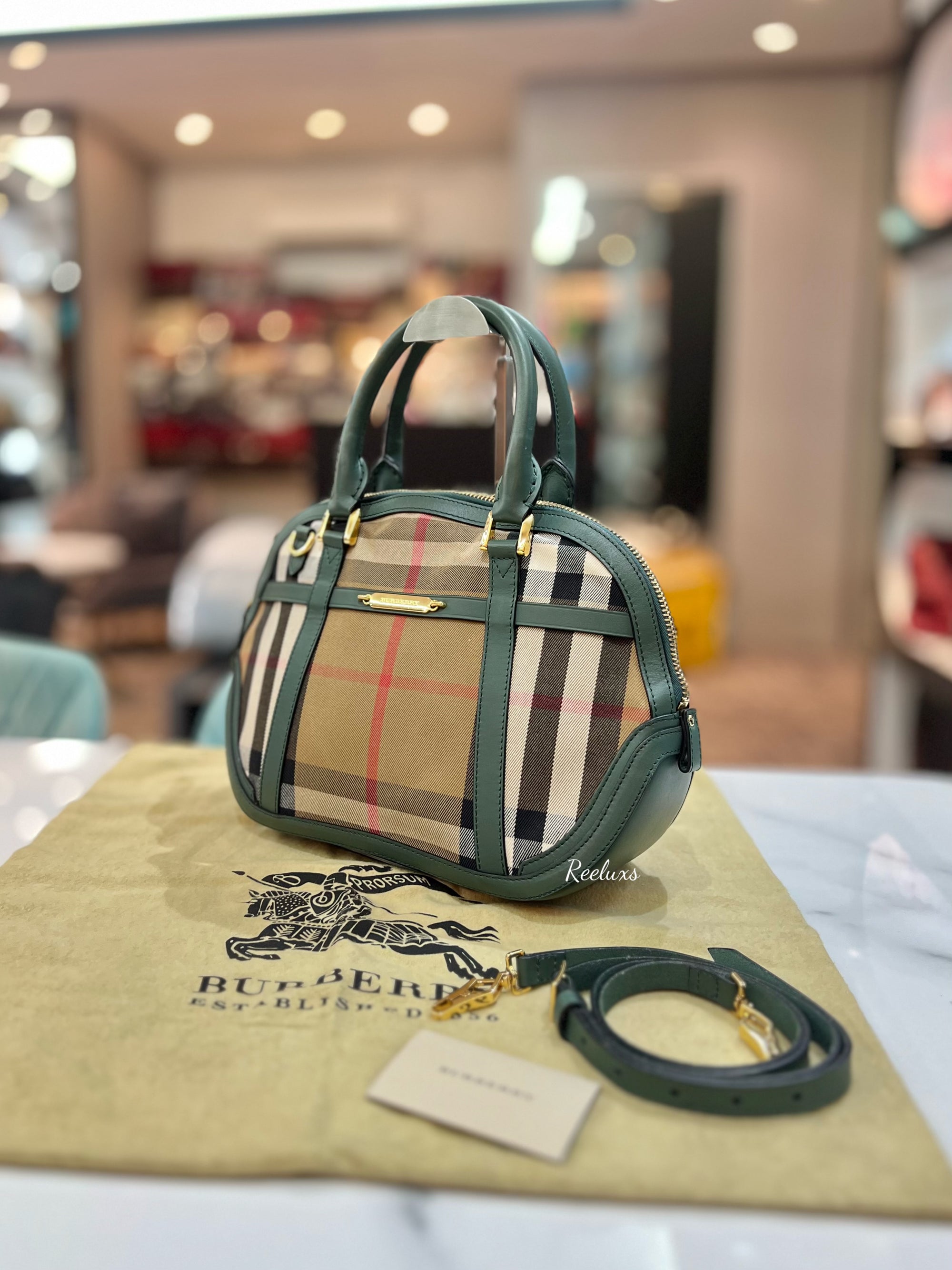 BURBERRY Green/Beige House Check Fabric and Leather Orchard Bowler Bag