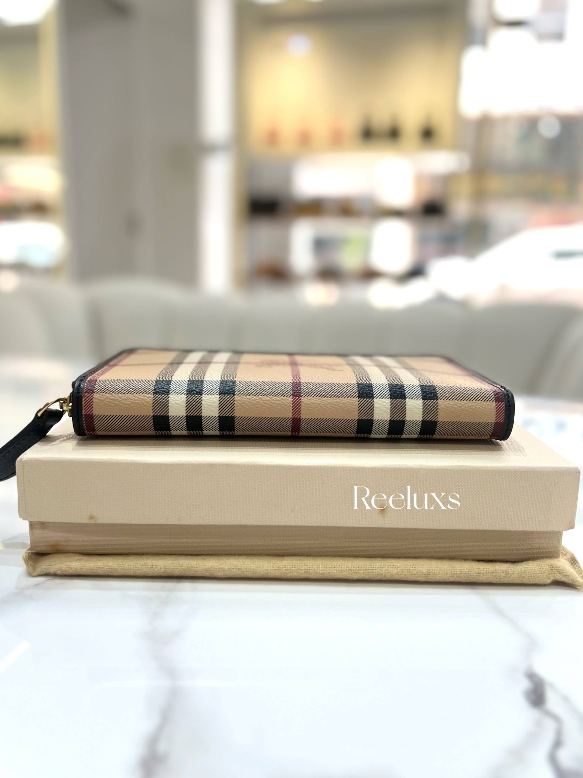 FullSet BURBERRY Brown Leather Haymarket Check Coated Canvas Zip Wallet