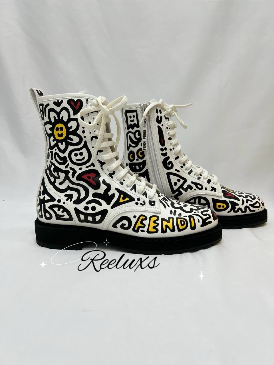FENDI Mr Doodle Logo Graffiti Print Laced Combat Ankle Boot White