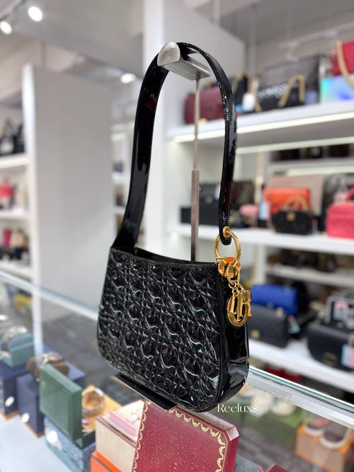 CHRISTIAN DIOR Cannage Black Patent Leather Shoulder Bag