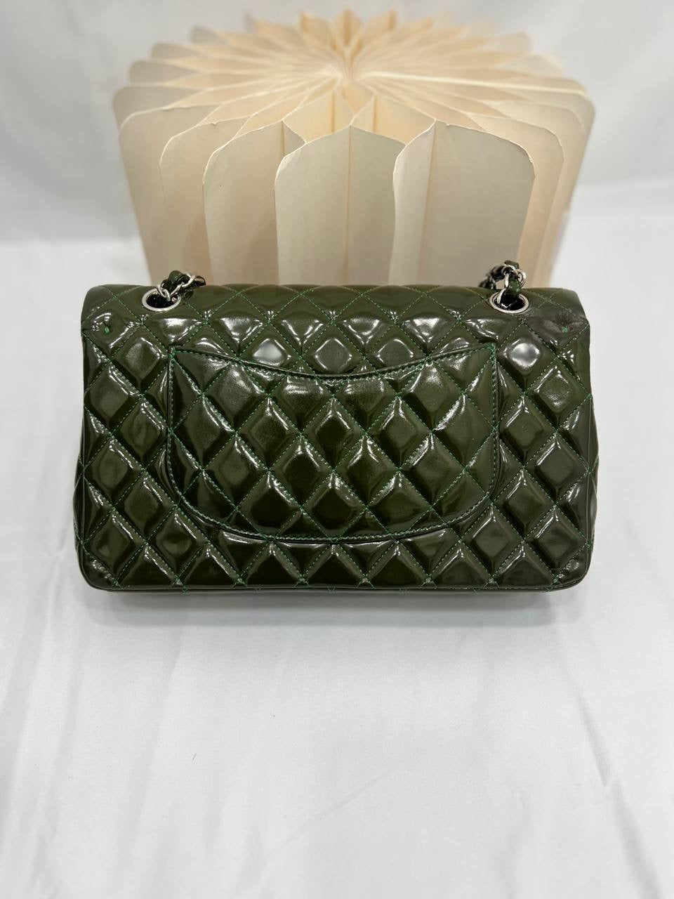 CHANEL Green Quilted Patent Leather Classic Medium Double Flap Bag