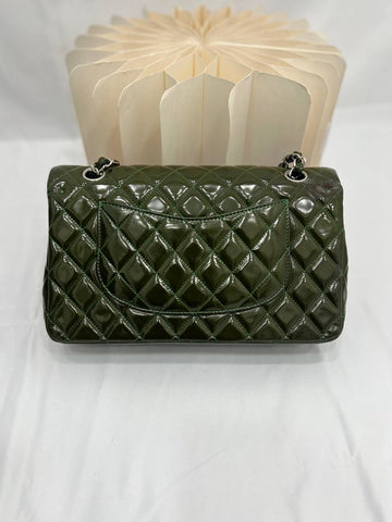 CHANEL Green Quilted Patent Leather Classic Medium Double Flap Bag