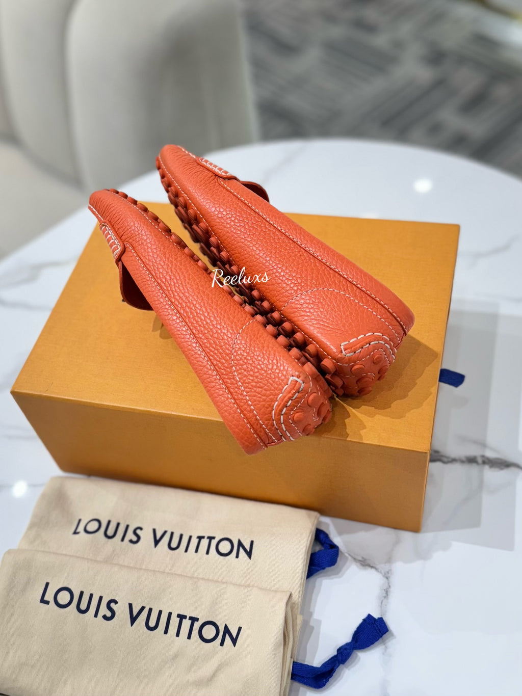 FULL SET LOUIS VUITTON LV Orange Leather Lock Detail Slip On Loafer - Shoes Size 37