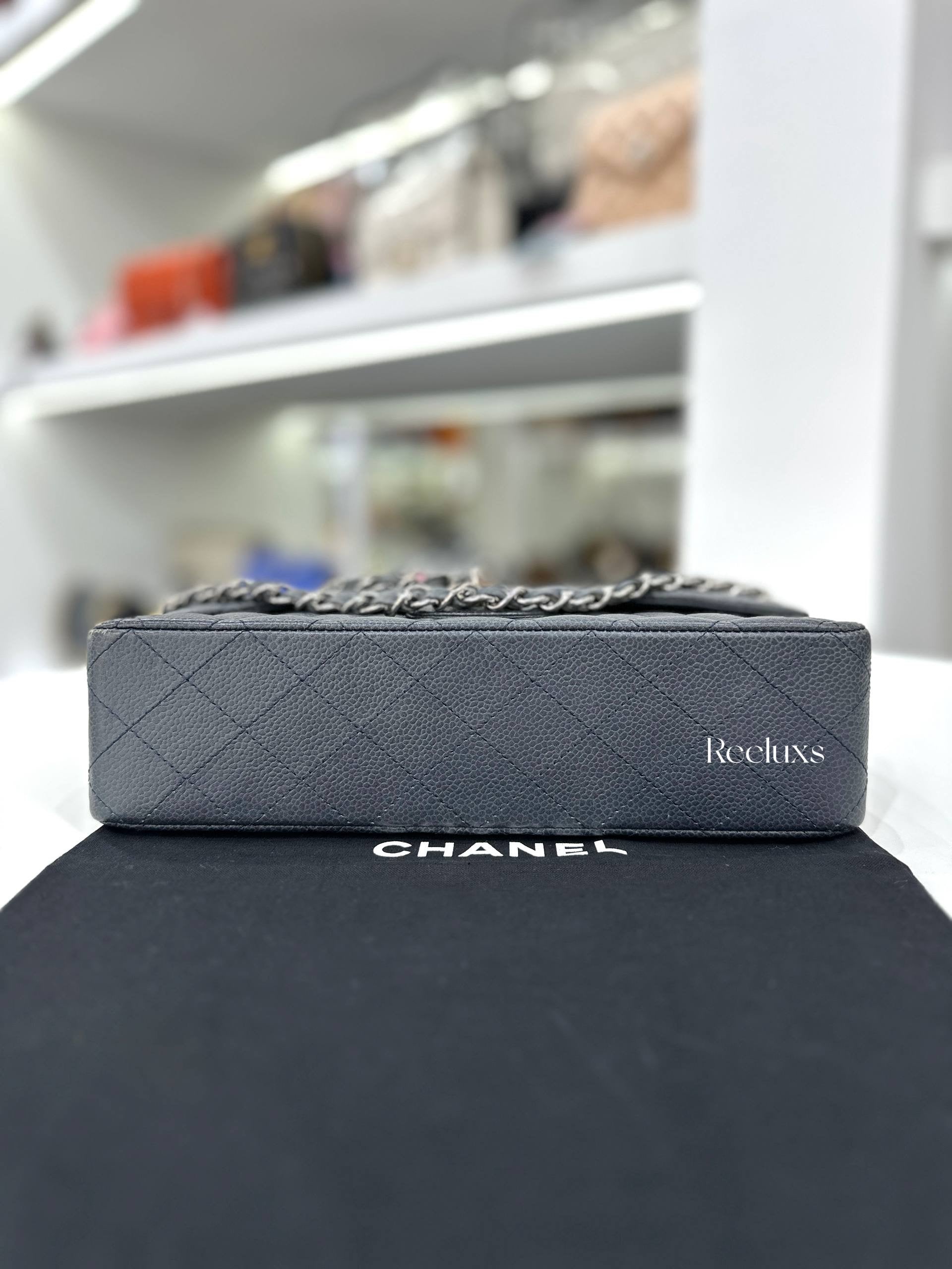 CHANEL Classic Flap Bag Grey Quilted Caviar SHW