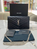 YVES SAINT LAURENT YSL Cassandre Matelasse Envelope SHW Wallet On Chain WOC In Black