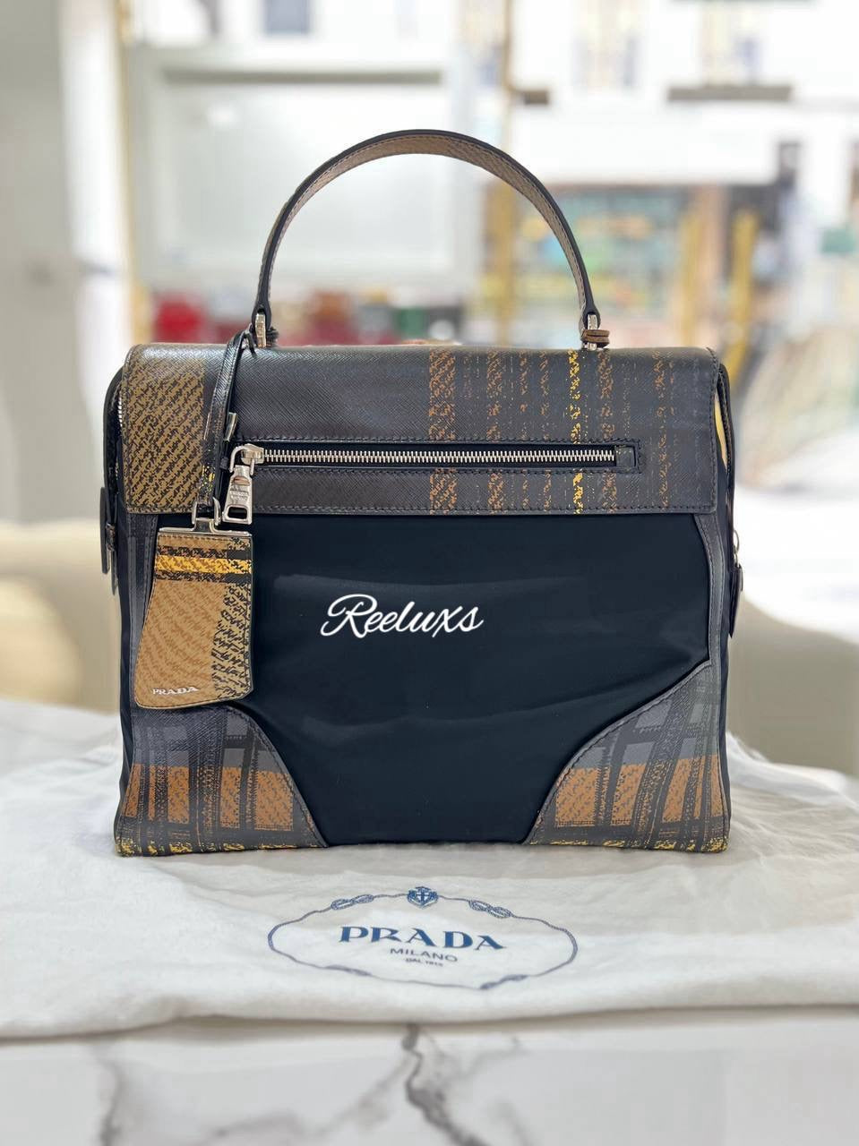 PRADA Tartan Print Tessuto Nylon & Saffiano Leather Satchel Cammello Tote Handbag