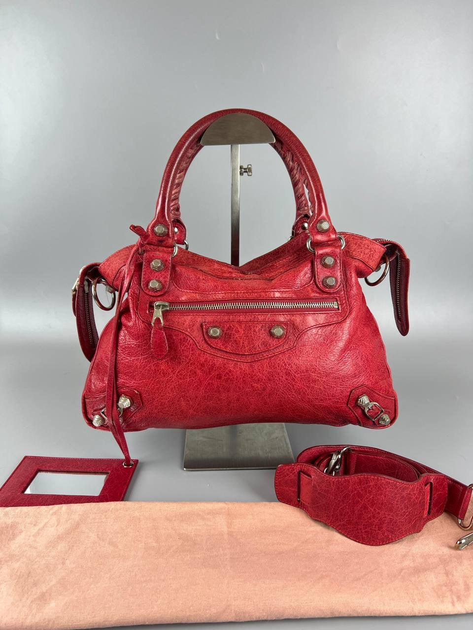 BALENCIAGA The City 2- way Leather Handbag Sling Bag Red