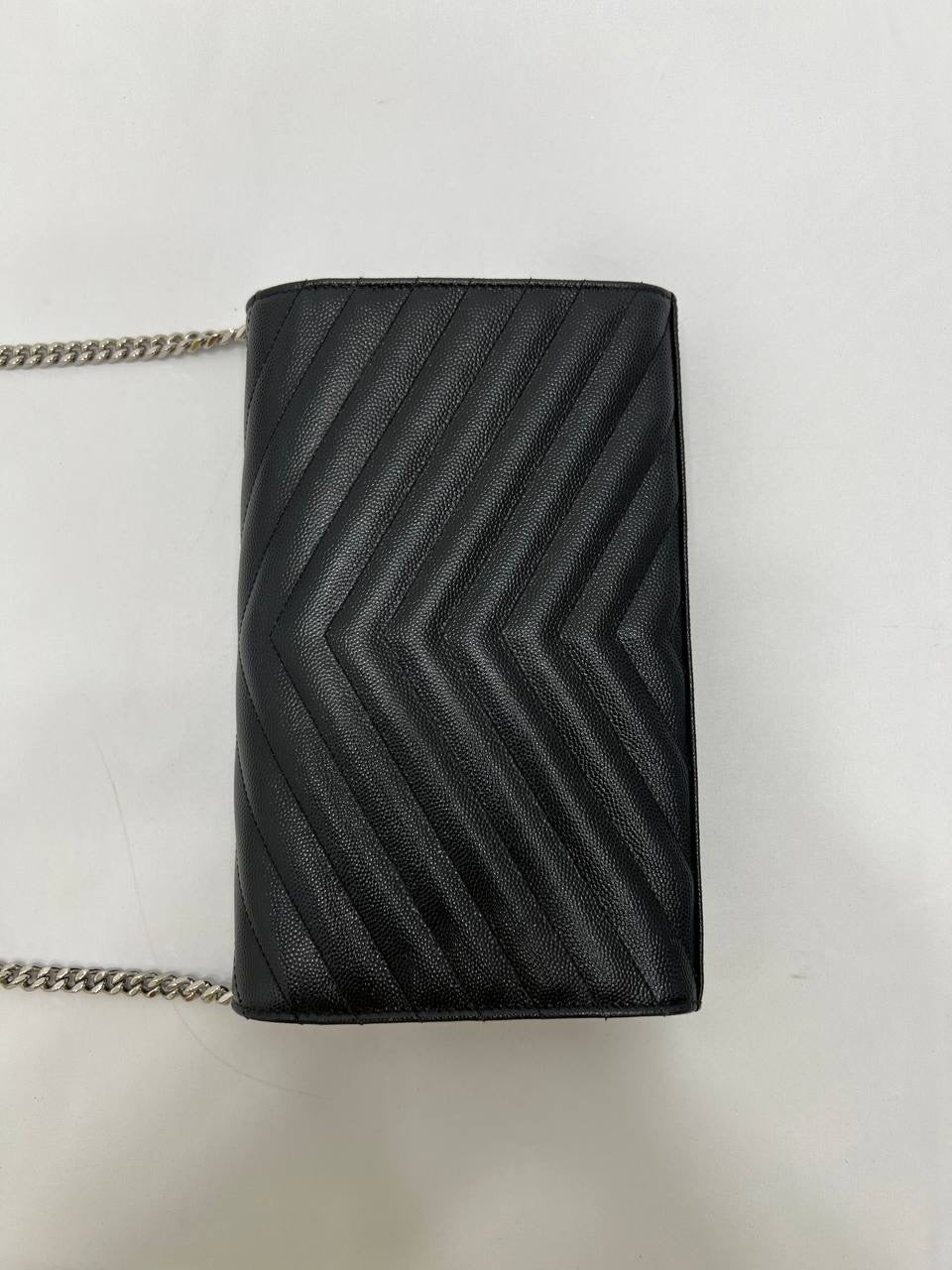 YVES SAINT LAURENT YSL Cassandre Matelasse Envelope SHW Wallet On Chain WOC In Black