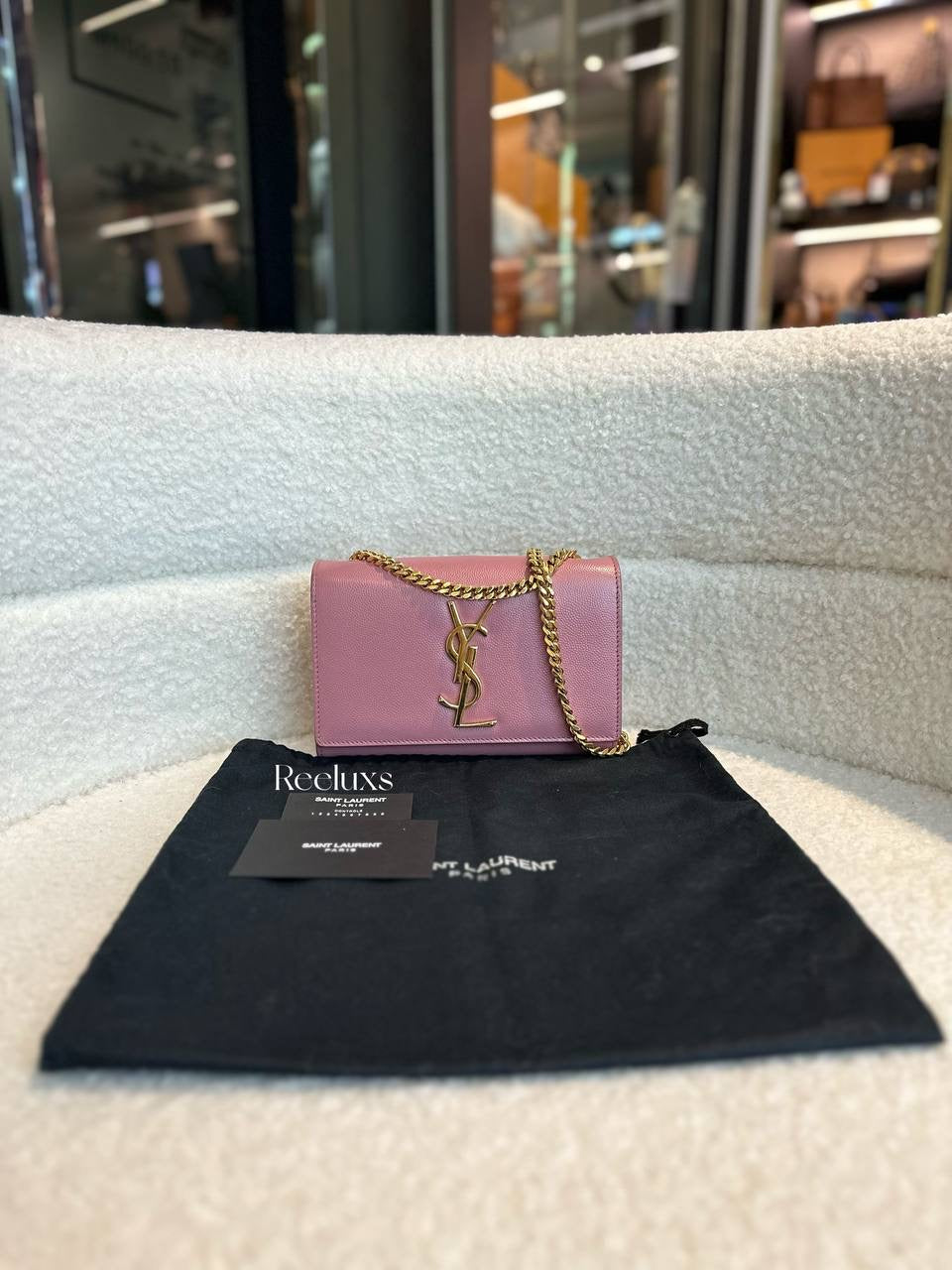 YSL SAINT LAURENT Cassandre Pink Grained Leather Gold Hardware Crossbody Bag