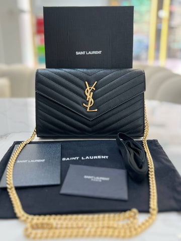 YVES SAINT LAURENT YSL Cassandre Matelasse Envelope GHW Wallet On Chain WOC In Black