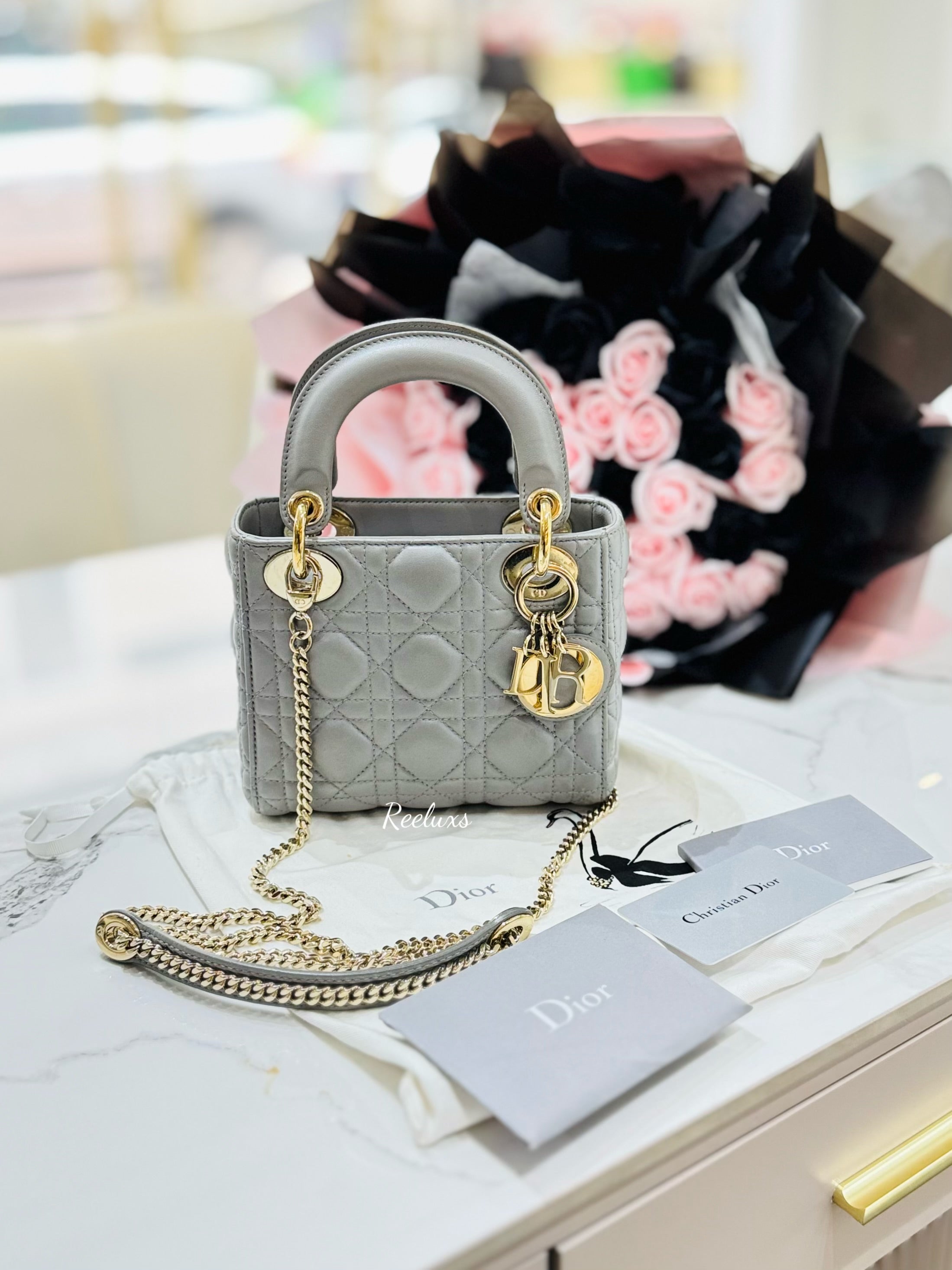 CHRISTIAN DIOR Mini Lady Dior Bag Opaline Gray Pearlescent Cannage Lambskin Shoulder Bag