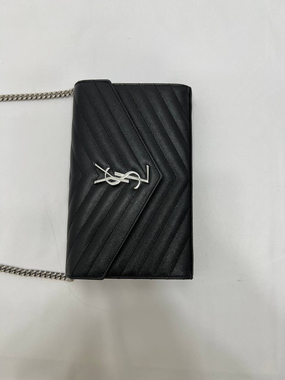 YVES SAINT LAURENT YSL Cassandre Matelasse Envelope SHW Wallet On Chain WOC In Black