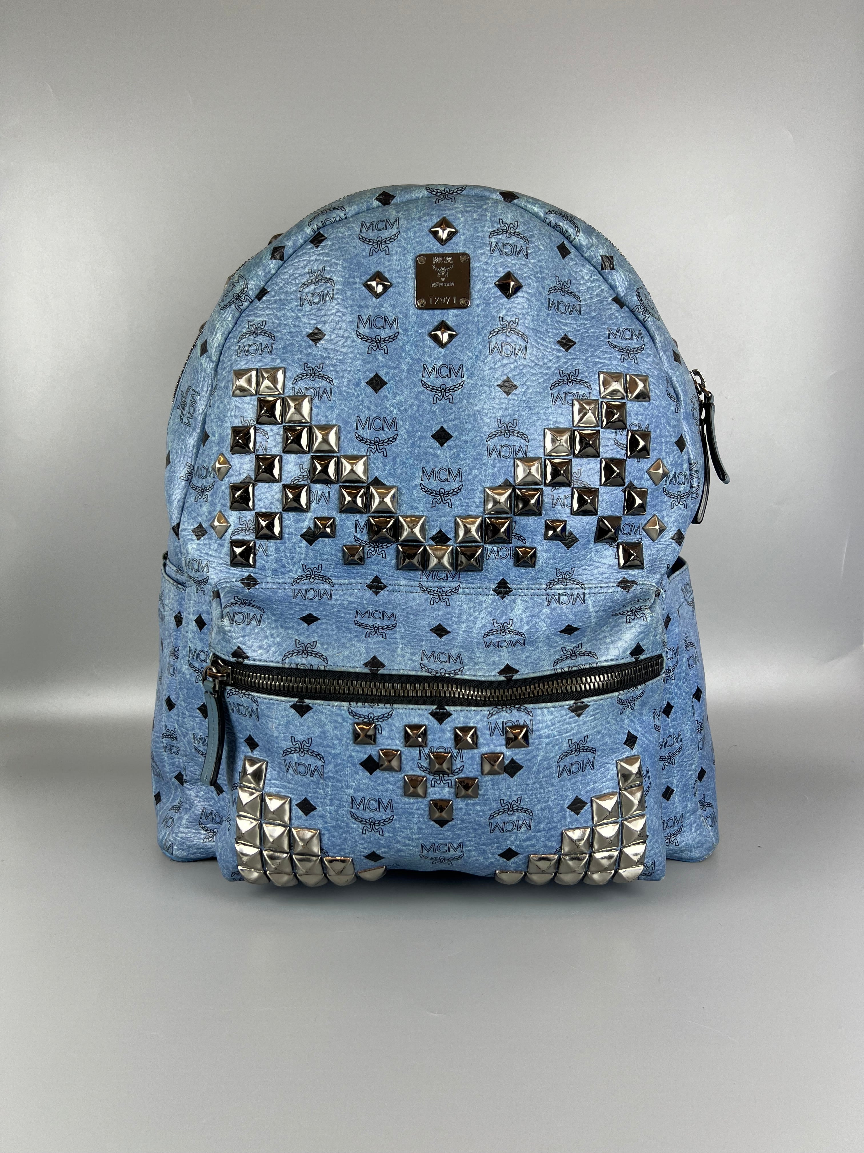 MCM Light Blue Visetos Coated Canvas and Leather Studs Backpack