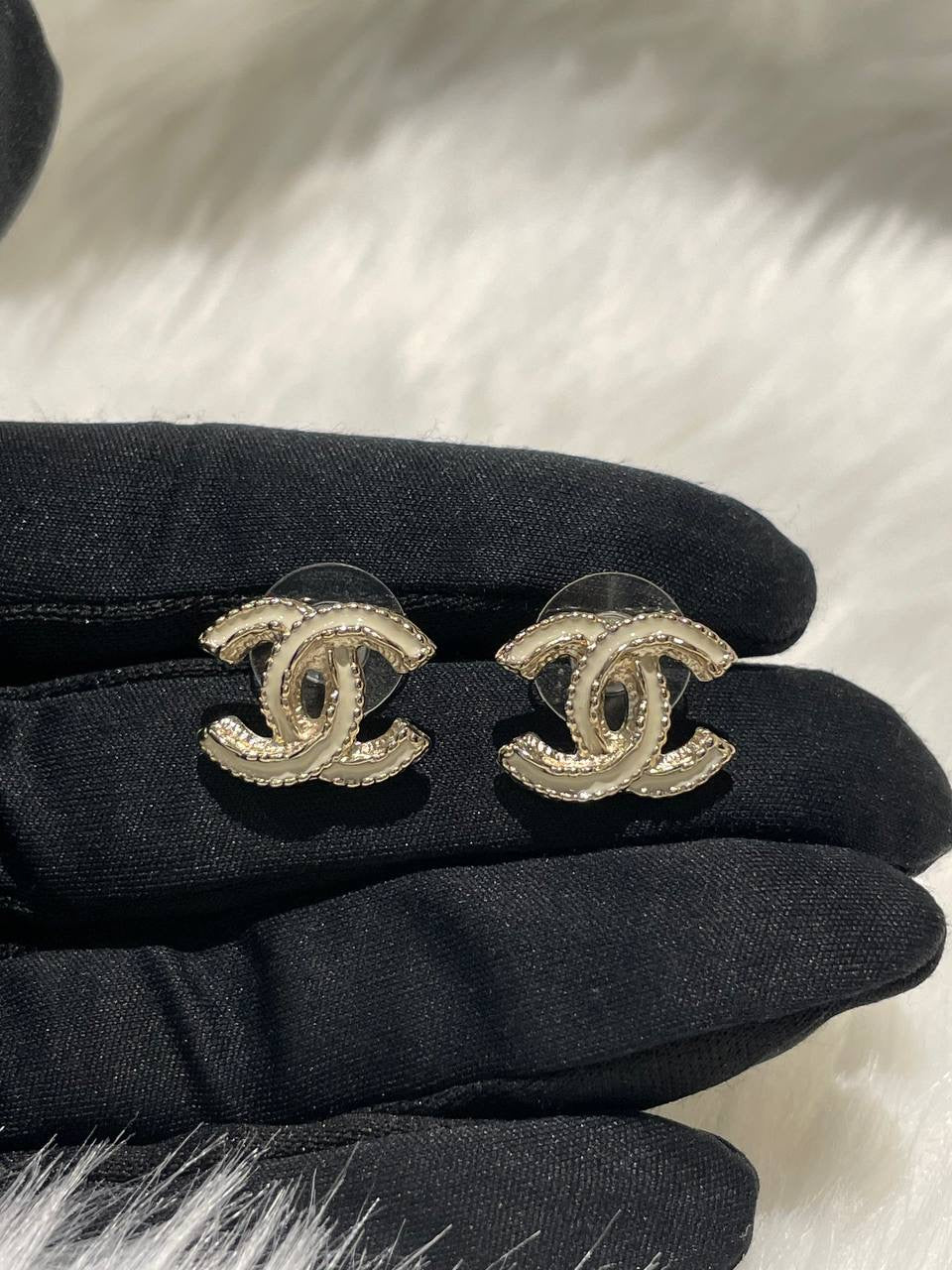 CHANEL Enamel CC Earrings Gold White