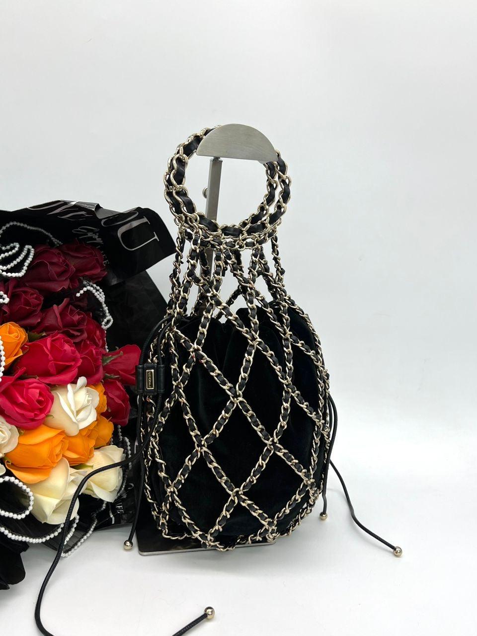 CHANEL RUNWAY BLACK VELVET DRAWSTRING BAG - Reeluxs 