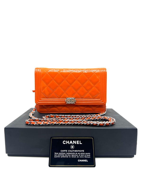 CHANEL Orange Quilted Patent Leather Classic WOC Clutch Bag - Reeluxs 