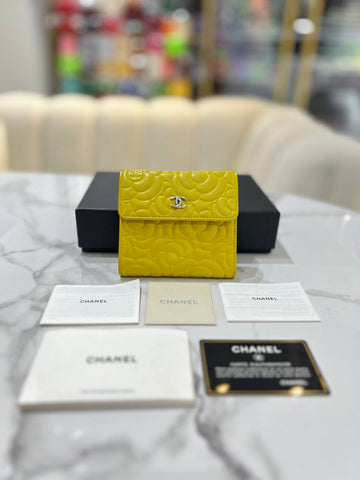 FULL SET CHANEL Yellow Leather Compact Camellia Wallet