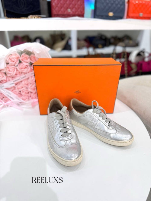 HERMES Quicker Metallic Silver Leather Sneakers