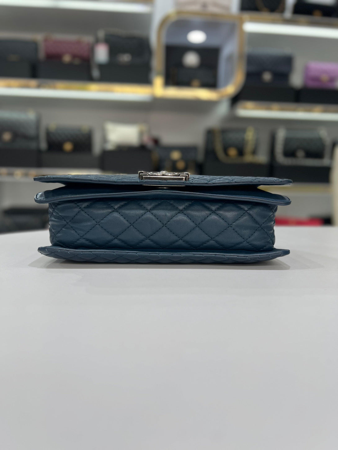 CHANEL Boy Calf Skin Size Blue Leather Flap Women’s Shoulder Bag - Reeluxs 