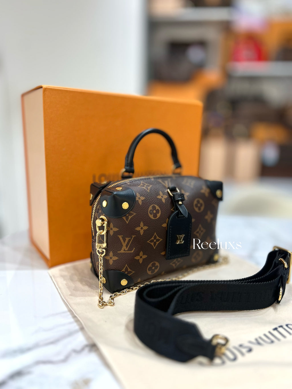 LOUIS VUITTON LV Petite Malle Souple Monogram Canvas Handbag Full set