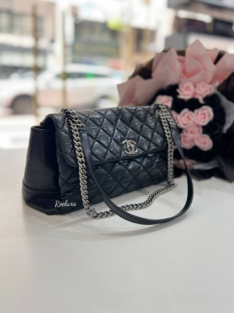 CHANEL Black Quilted Leather Lady Pearly Flap Shoulder Bag