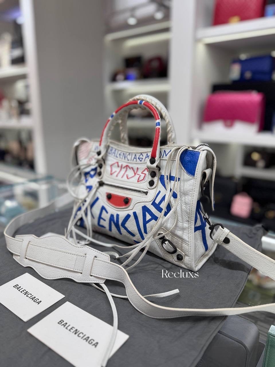 BALENCIAGA White Leather Graffiti City Handbag