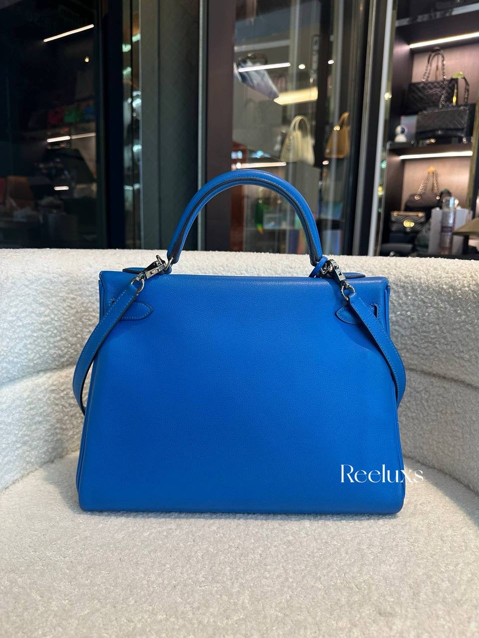 HERMES Kelly Handbag Blue Evercolor 32 With Palladium Hardware
