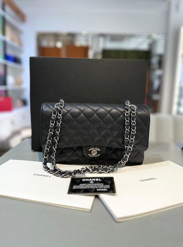 CHANEL Medium 25cm Classical Double Flap Caviar Black SHW - Reeluxs 