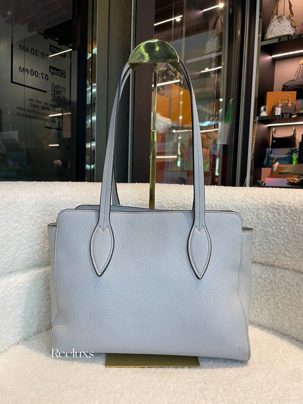 PRADA Phenix Open Tote in Grey Vitello Daino Leather Blue