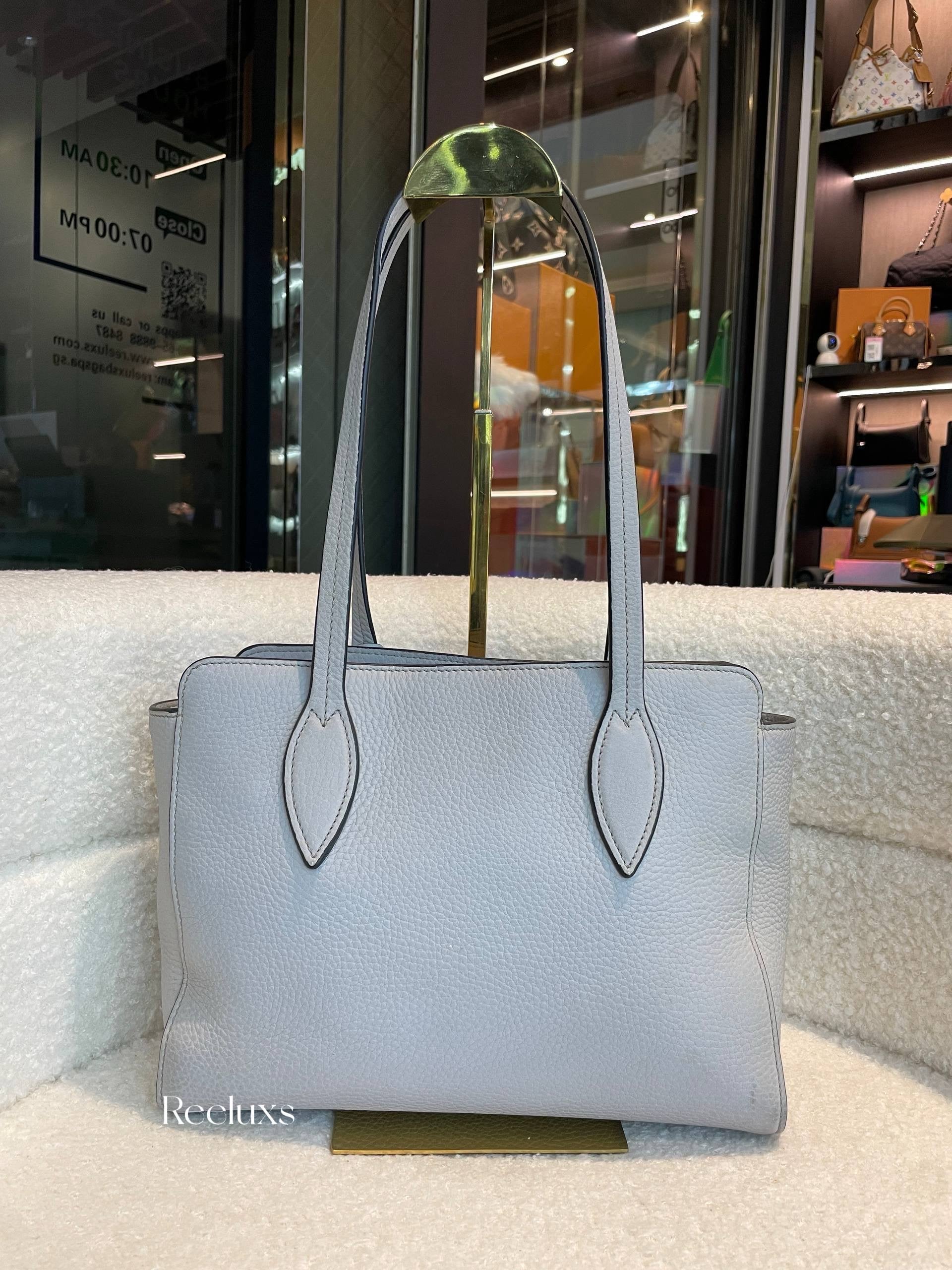 PRADA Phenix Open Tote in Grey Vitello Daino Leather Blue