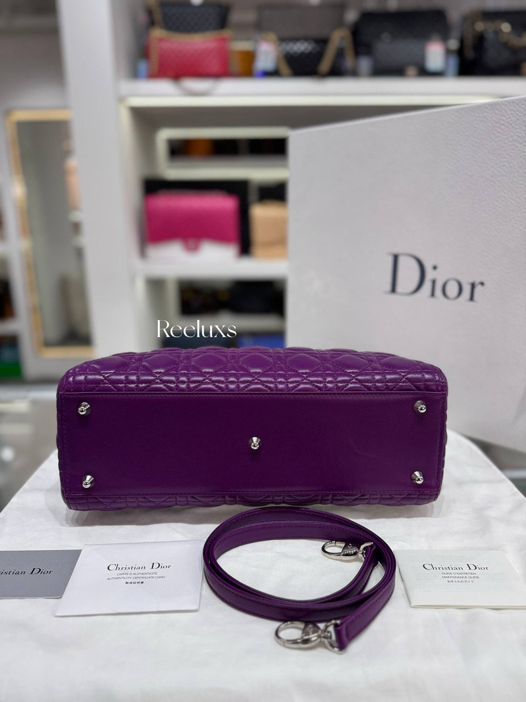 Christian Dior Large Lady Dior Bag Purple Lambskin Full Set