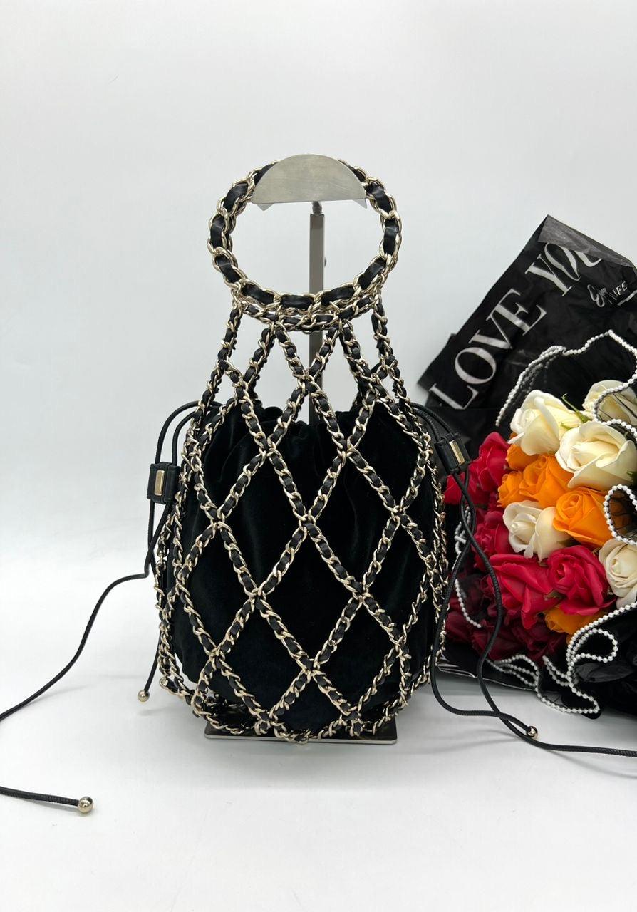 CHANEL RUNWAY BLACK VELVET DRAWSTRING BAG - Reeluxs 