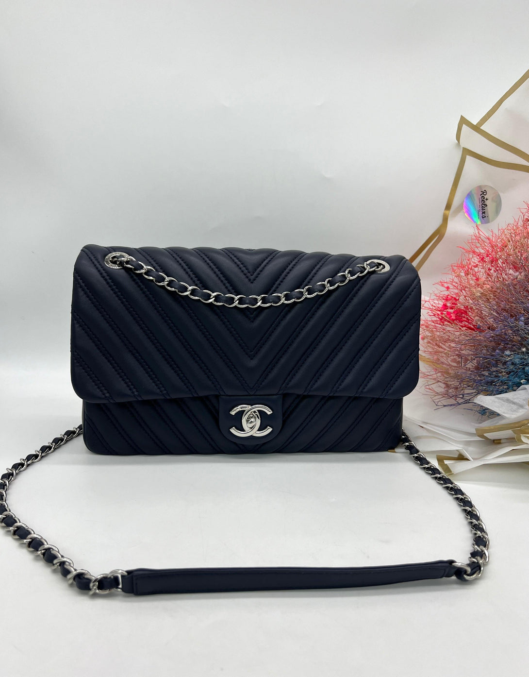 Full Set As New CHANEL Big Navy Chevron Single Flap Bag Women's Shoulder Bag - Reeluxs 