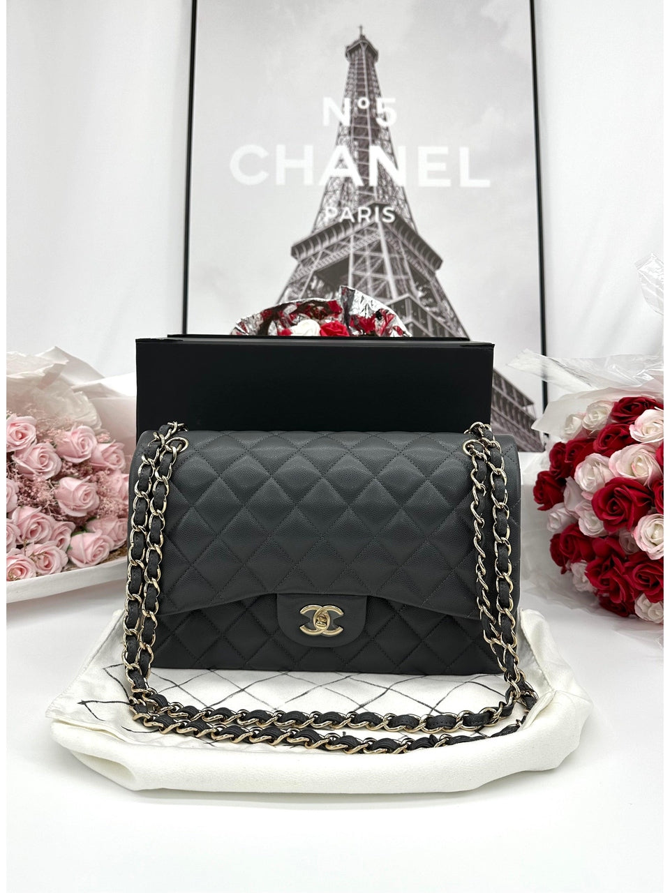 CHANEL Caviar Quilted Jumbo Double Flap Dark Grey - Reeluxs 