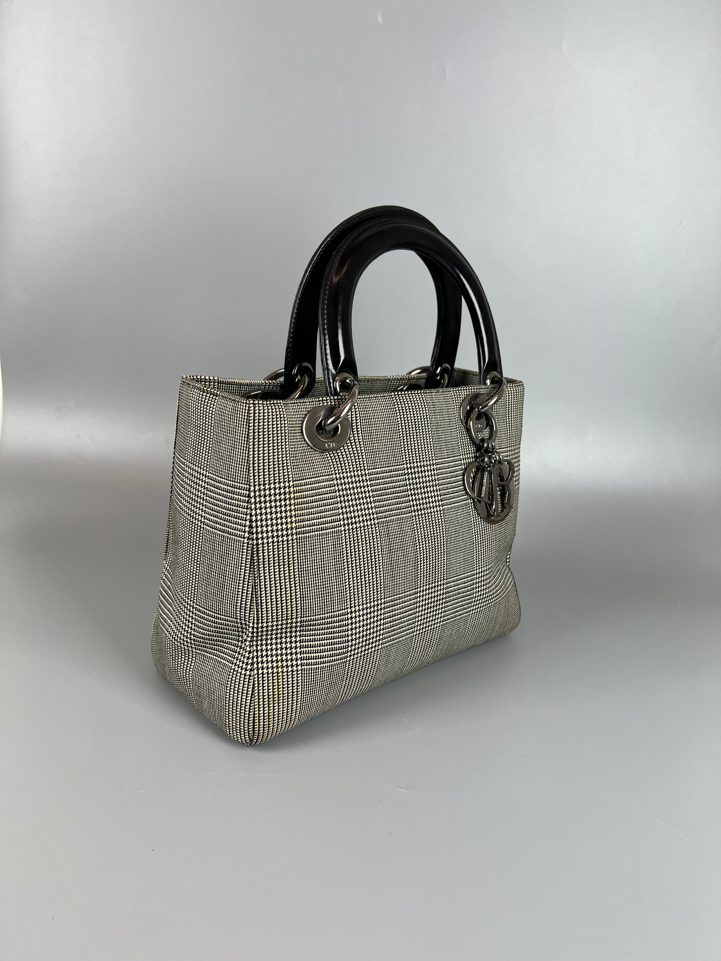 DIOR  Lady Dior Medium Houndstooth Black White Canvas Handbag