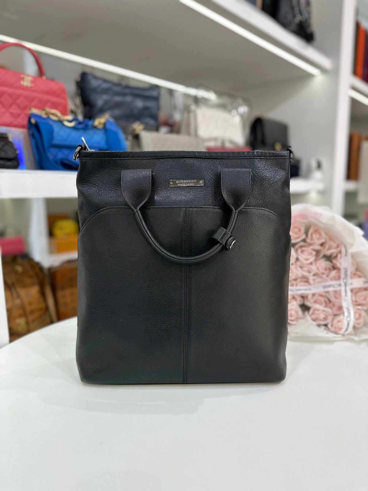 BURBERRY Black Leather Top Handle Shoulder Tote Bag
