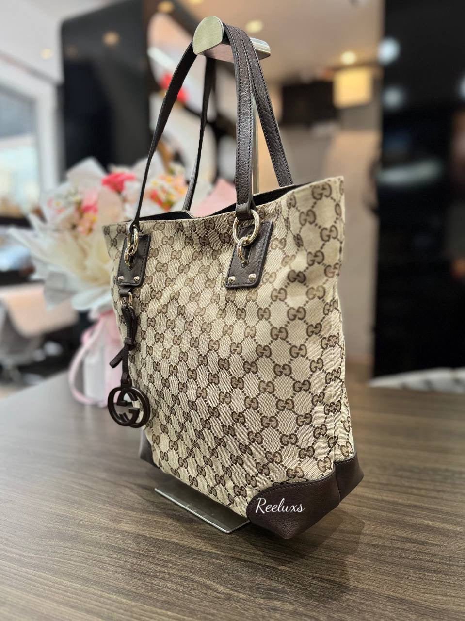 GUCCI GG Charm Canvas Brown Tote Handbag