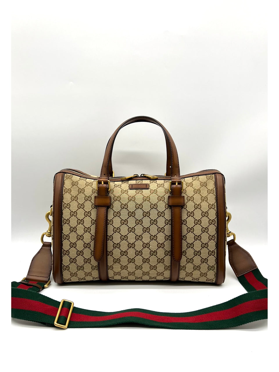 GUCCI Monogram Medium Lady Web Boston Bag Beige Cuir - Reeluxs 