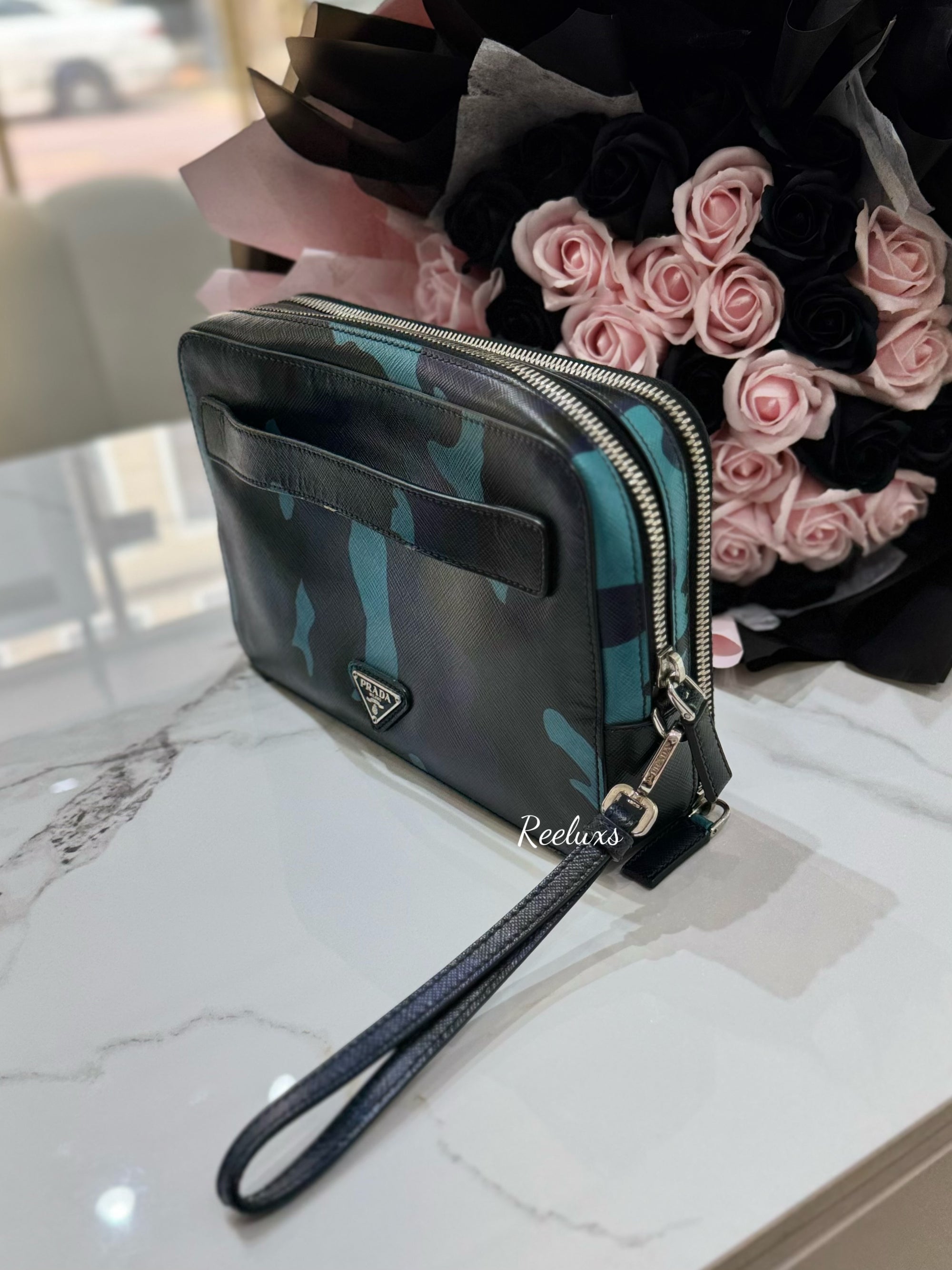 PRADA Camouflage Saffiano Leather Clutch Bag