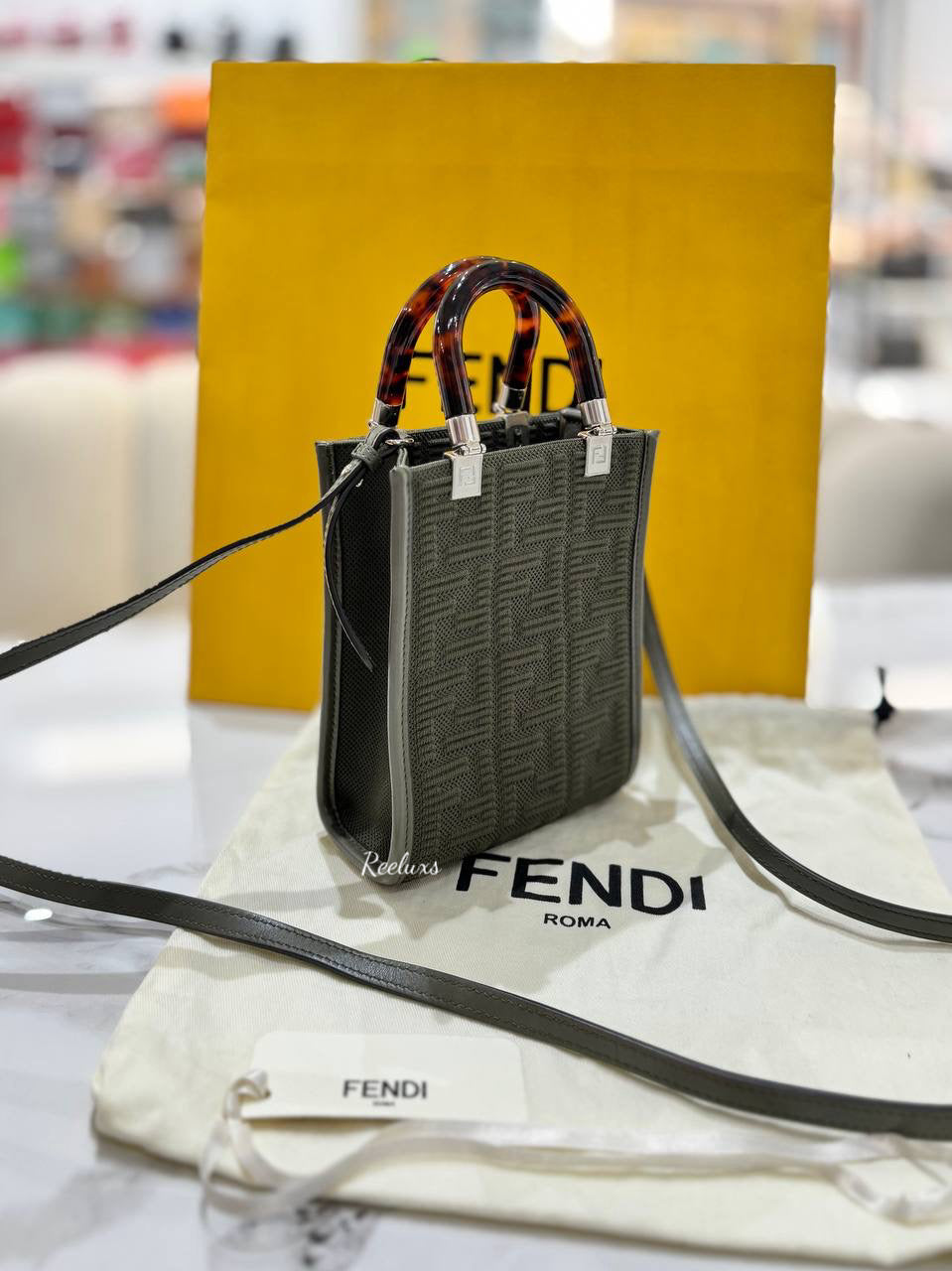 FENDI Mini Tote Sunshine Canvas Khaki Shoulder Bag