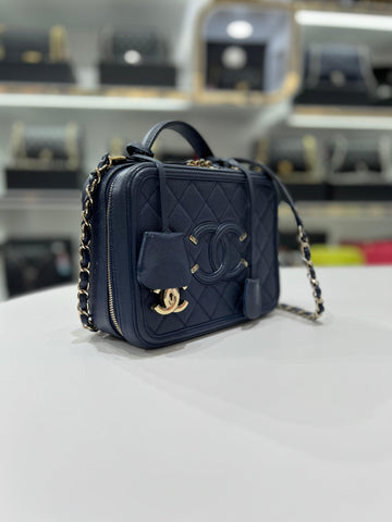 Full Set CHANEL Grained Caviar & Gold- Tone Metal Vanity Blue Leather Women Sling Bag - Reeluxs 