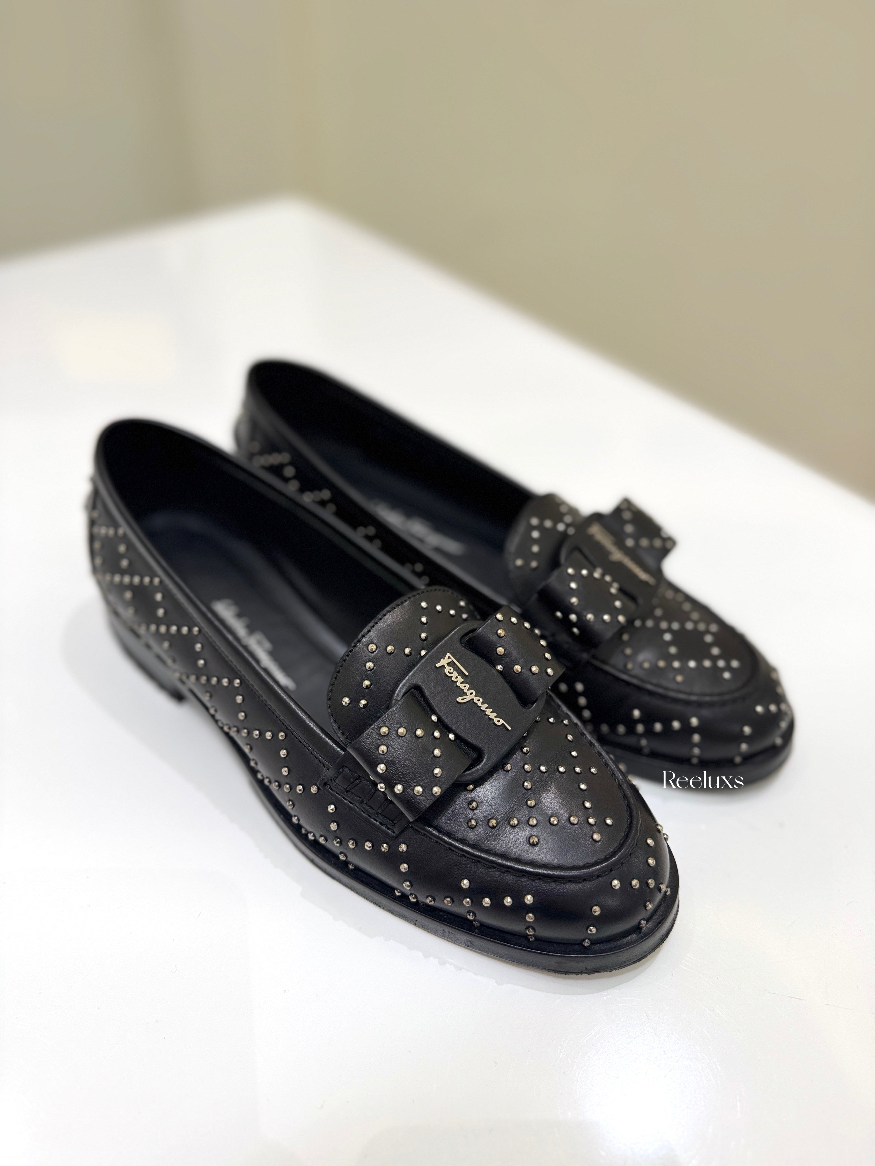FERRAGAMO Viva Studded Loafers in Black Calf Leather