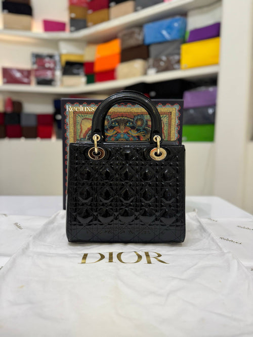 LADY DIOR Medium Bag In Black Patent Cannage Calfskin